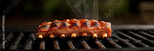 A mouth-watering slab of ribs sizzling on a barbecue grill, showcasing juicy textures and perfect grill marks, with steam rising in a tempting display.