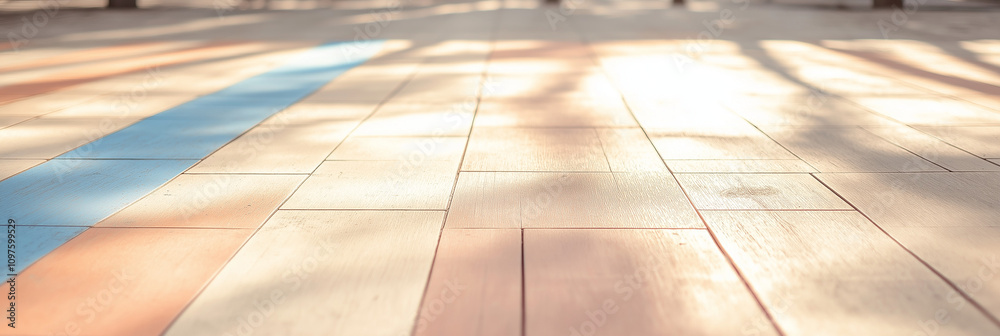 © laddawan - A beautifully lit wooden floor with sunlight casting dynamic shadows across its multicolored planks, presenting a serene and artistic indoor setting.