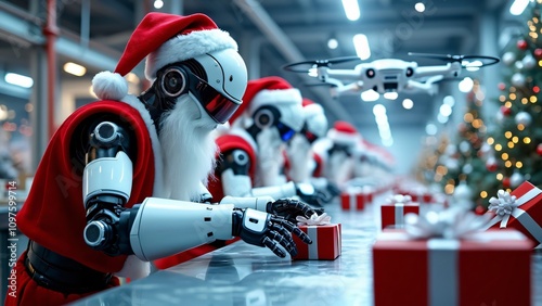 Futuristic Christmas, Robots Wrapping Gifts