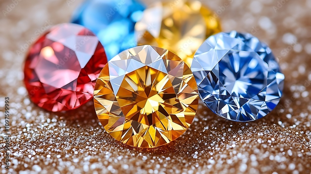 Fototapeta premium Elegant arrangement of various cut gemstones on white, emphasizing their sparkle and color variety 