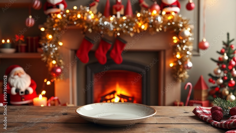 Christmas Fireplace Product Display Background, Festive Tinsel, Ornaments & Santa Christmas Fireplace Product Display Background, Festive Tinsel, Ornaments & Santa