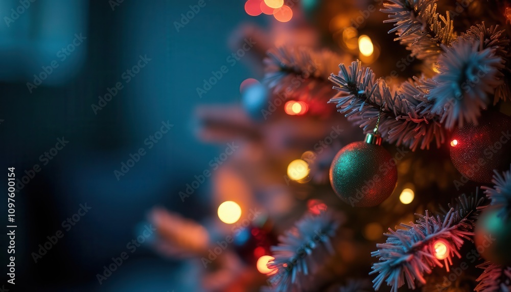 A Close-Up View of a Beautifully Decorated Christmas Tree with Warm, Festive Lights and Sparkling Ornaments, Creating a Magical Holiday Atmosphere