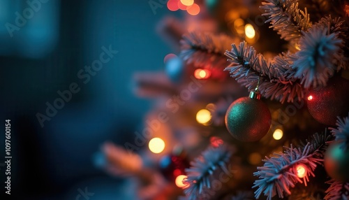 A Close-Up View of a Beautifully Decorated Christmas Tree with Warm, Festive Lights and Sparkling Ornaments, Creating a Magical Holiday Atmosphere