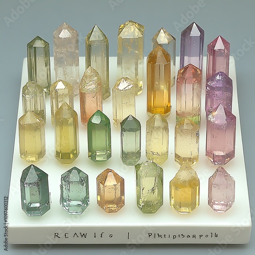 Neatly arranged uncut gemstones alongside their polished counterparts on a white display stand, highlighting the transformation  photo