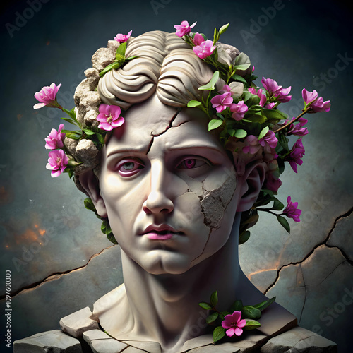 Cracked Greek Sculpture with Blooming Flowers photo