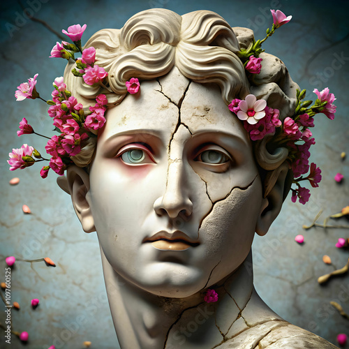 Cracked Greek Sculpture with Blooming Flowers photo