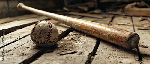 A vintage baseball bat and glove resting on aged wooden planks beside an old photograph of a game in progress from a bygone era