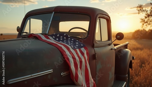 A Rustic American Sunset: Vintage Truck with a Patriotically Draped Flag at Golden Hour