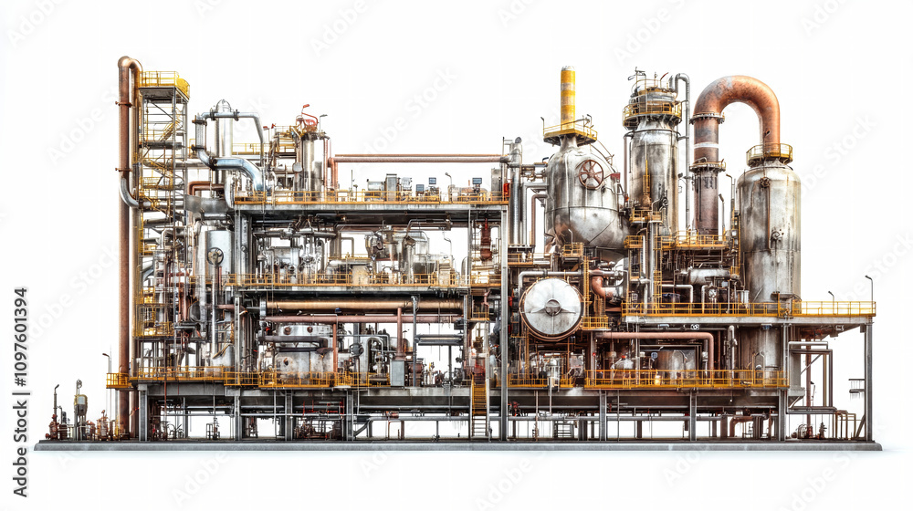Detailed oil and gas production plant illustration highlighting complex machinery and pipes on an isolated background in high-resolution quality