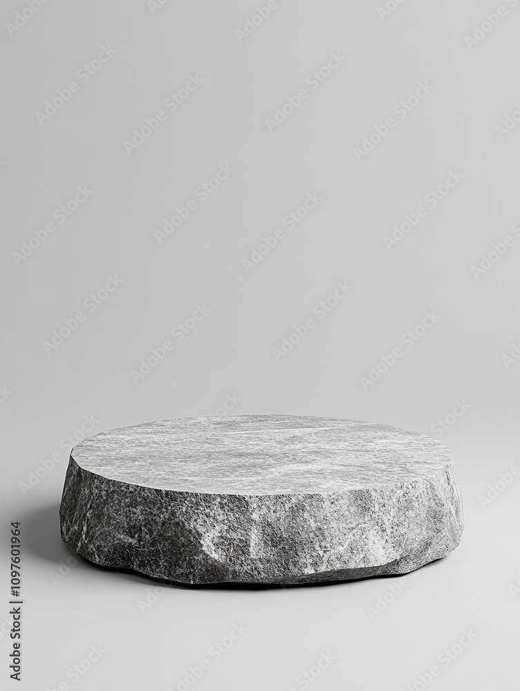 Fototapeta premium Monochrome gray template for mockup, banner. Flat granite pedestal on light gray background. Stone stand for natural design concept.