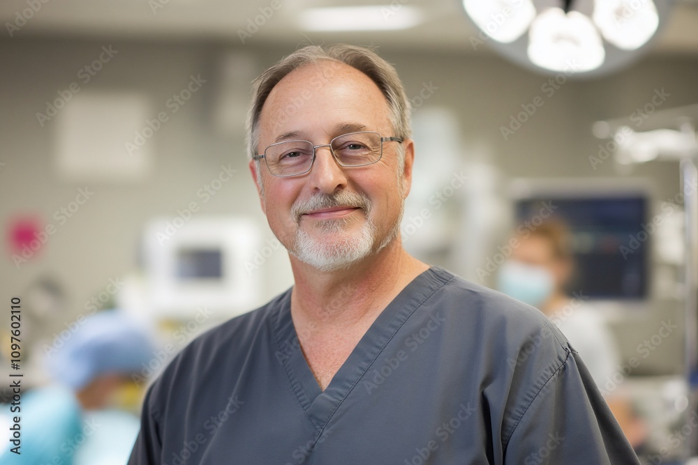 Portrait of a smiling male doctor in scrubs in an operating room. Portrait of a smiling male doctor in scrubs in an operating room.