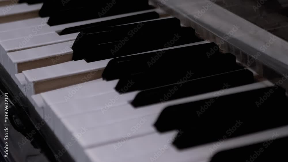 Piano or Grand Piano Playing Itself. Performing a musical composition on a piano that plays by itself. Self-Playing. White, black piano keys press independently without human intervention. Close up.