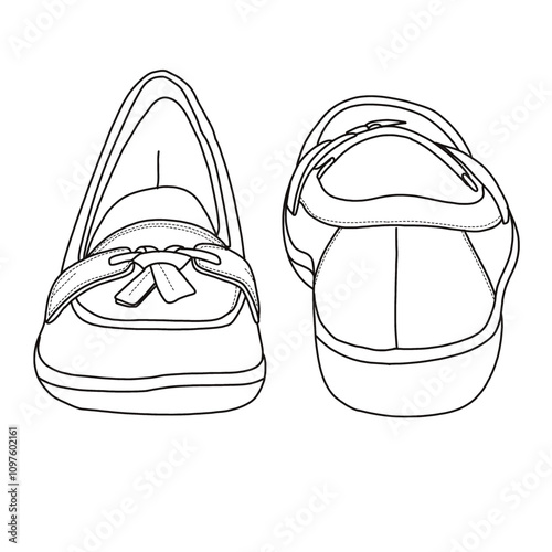 Women's Bubble Slip On Loafers Line art, Technical sketch hand drawing outline vector doodle front and rear view isolated on white background for coloring page