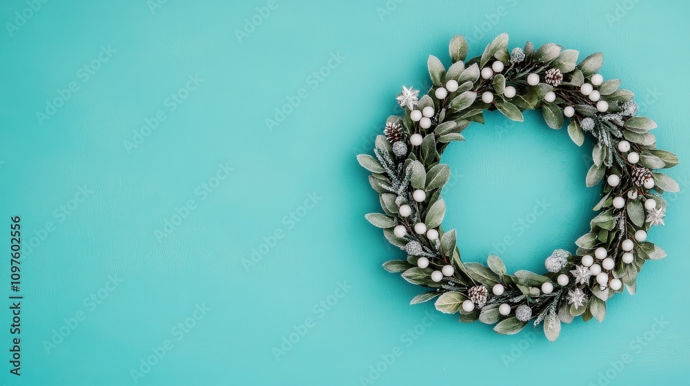 Beautiful holiday wreath adorned with white berries and snowflakes against a soft blue background. Beautiful holiday wreath adorned with white berries and snowflakes against a soft blue background.