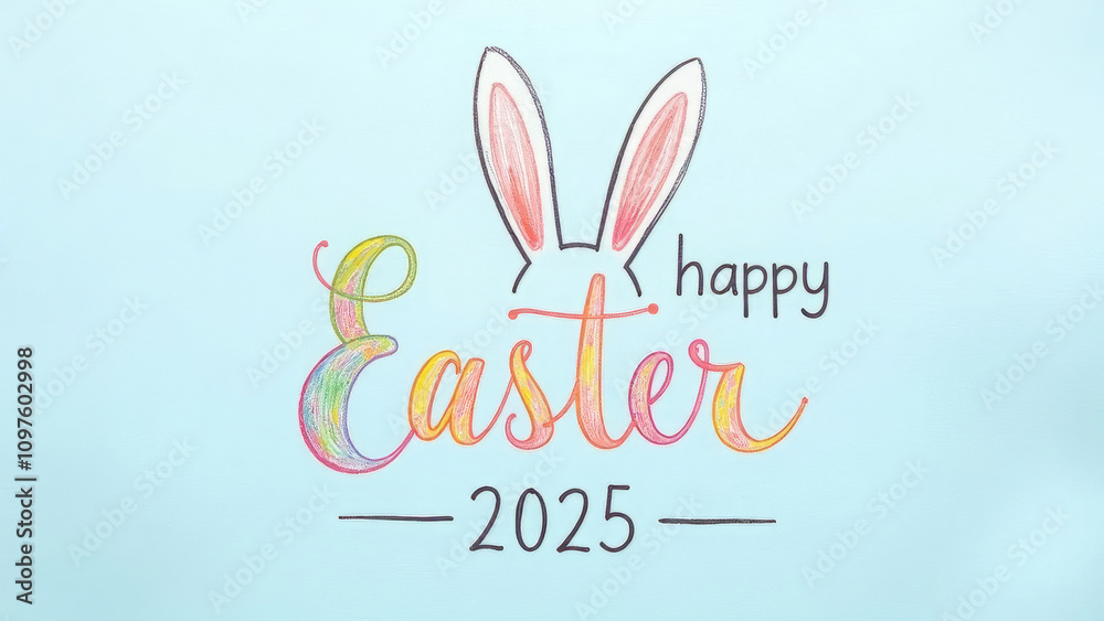 Obraz premium Easter poster, postcard. Center of banner reads “Happy Easter” and “2025” on pastel blue background. Easter bunny ears stick out behind inscription. Copy space