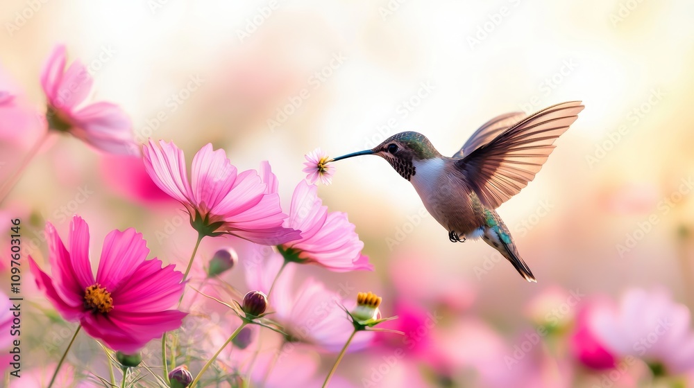 Naklejka premium A vibrant hummingbird hovers delicately among blooming pink flowers, showcasing the beauty of nature in a tranquil setting.