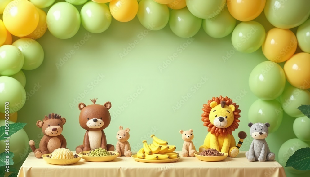 Obraz premium Adorable Jungle Animal Theme Baby Shower or Birthday Party Decoration with Pastel Balloons and Cute Figurines