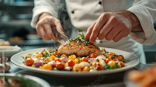 Close-up of a chef's hands carefully garnishing a plated gourmet dish with fresh herbs. The colorful presentation highlights culinary artistry and attention to detail.