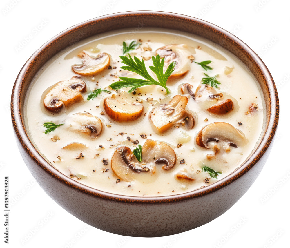 Creamy mushroom soup served in a brown bowl with herbs isolated on transparent background Creamy mushroom soup served in a brown bowl with herbs isolated on transparent background
