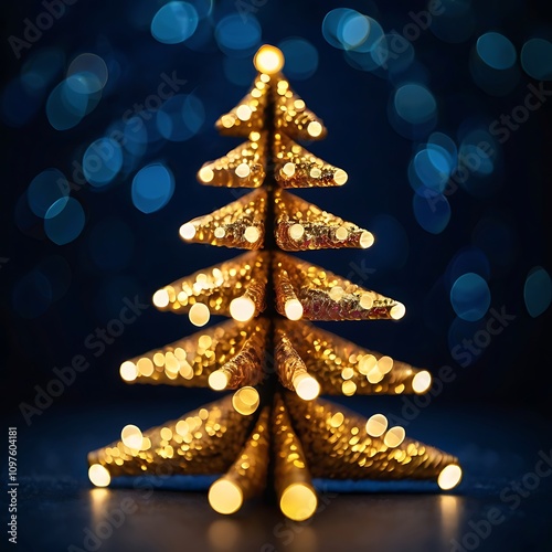 Golden bokeh lights creating the shape of a glowing Christmas tree against a dark blue background.