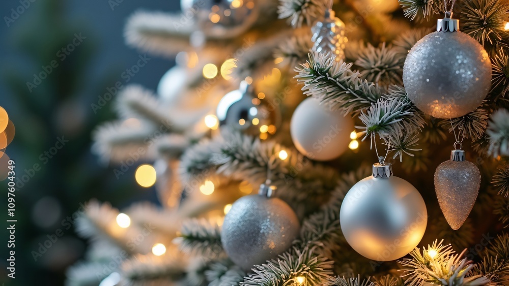 Close-up of Sparkling Christmas Tree with Silver & White Ornaments