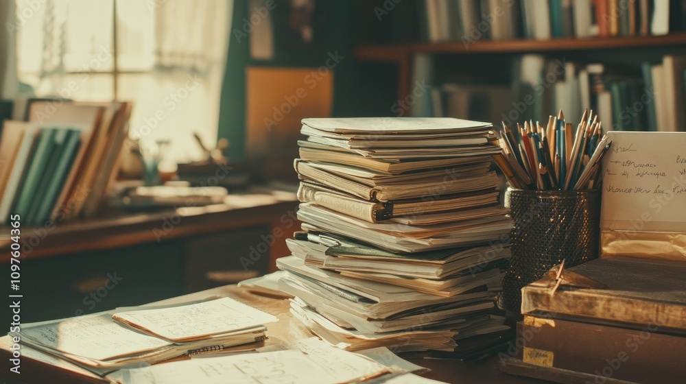 A close-up of homework assignments stacked on a teacher's desk, with pens and paper scattered around, representing the academic environment.