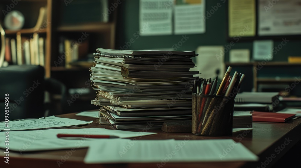 A close-up of homework assignments stacked on a teacher's desk, with pens and paper scattered around, representing the academic environment. A close-up of homework assignments stacked on a teacher's desk, with pens and paper scattered around, representing the academic environment.