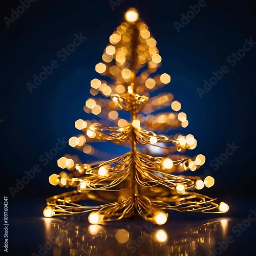 Golden bokeh lights creating the shape of a glowing Christmas tree against a dark blue background.