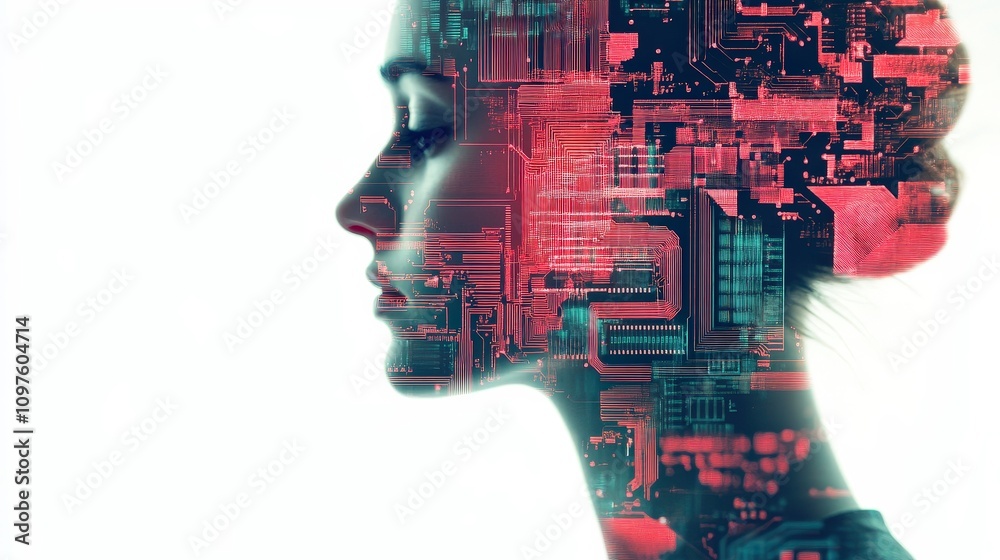 A futuristic female silhouette with a digital circuit design, symbolizing the integration of technology and humanity. A futuristic female silhouette with a digital circuit design, symbolizing the integration of technology and humanity.