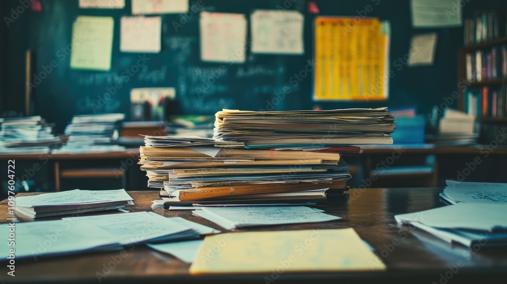Obraz premium A close-up view of a teacher's desk covered with piles of homework papers, illustrating the academic focus and organization of a classroom.