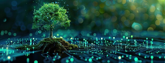 tree, technology, nature, digital, environment, growth, circuit, roots, green, eco friendly, sustainability A small tree grows from a circuit board, symbolizing the connection between nature and tec