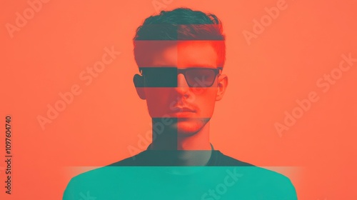 Stylish young man with glasses against a vibrant orange background, exhibiting a modern art-inspired aesthetic.