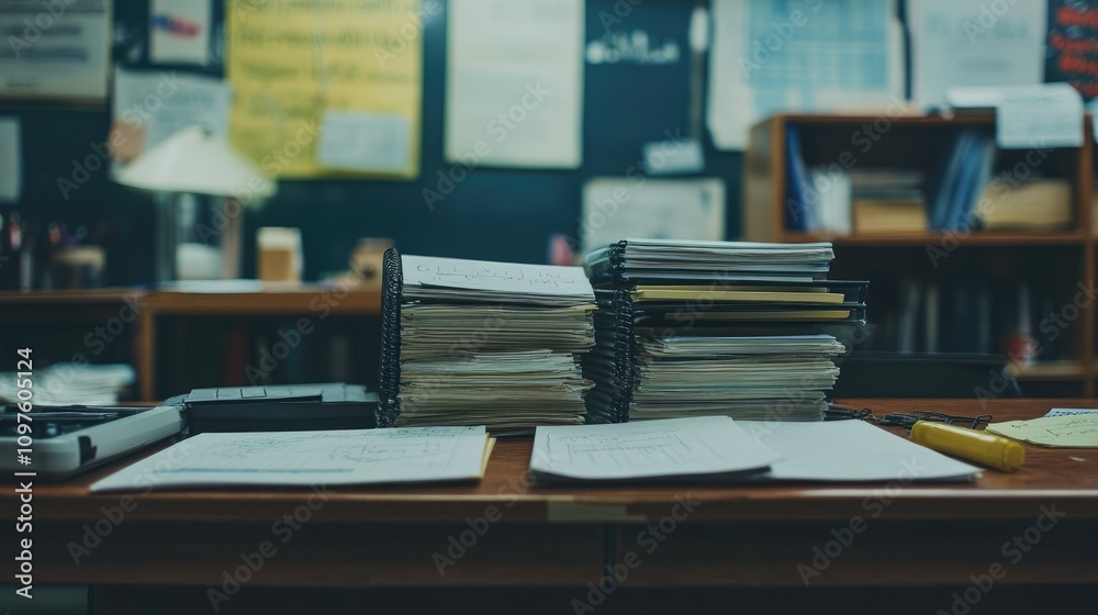 Obraz premium A detailed shot of a teacher's desk with a pile of stacked homework assignments, showing the everyday routine of academic work in a school setting.