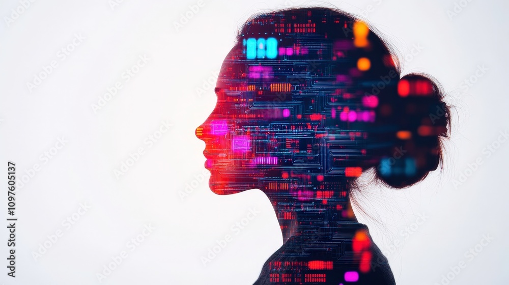 Silhouette of a young woman overlaid with digital data elements against a light background.