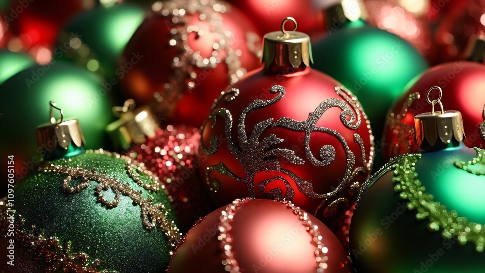 Close-up Sparkling Red & Green Christmas Ornaments Festive Background