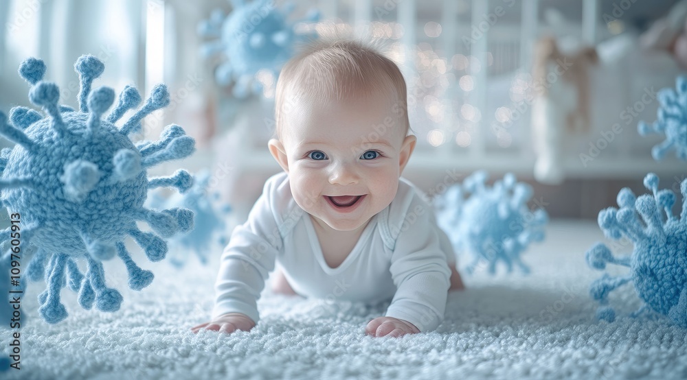 a happy baby crawling on the carpet in light blue and white , with the focus on the face a happy baby crawling on the carpet in light blue and white , with the focus on the face