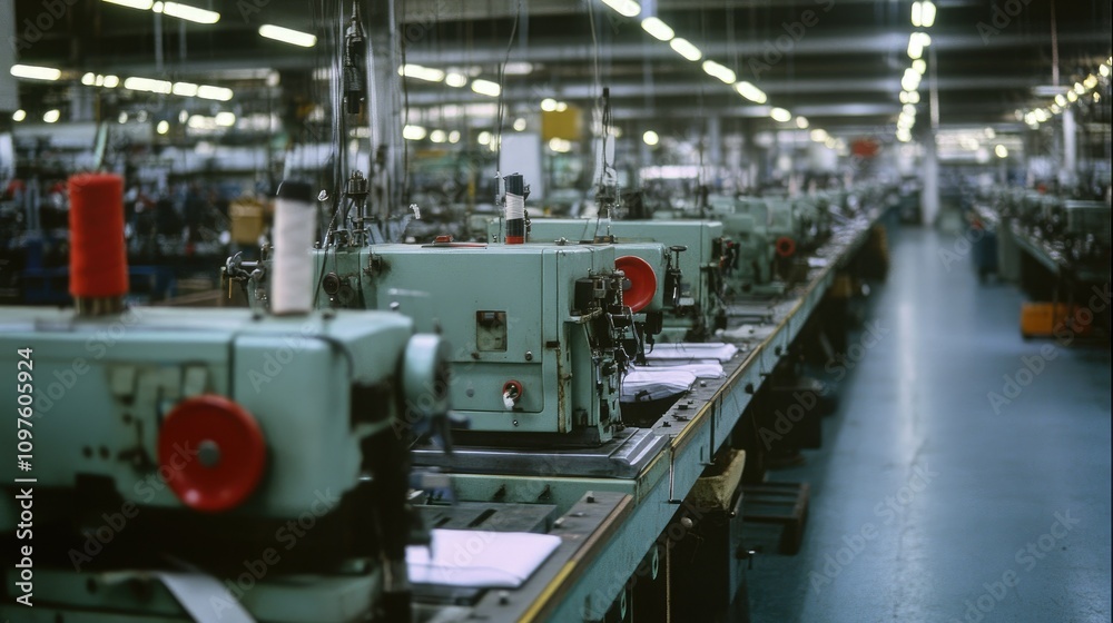 A factory floor lined with sewing machines in a busy textile production environment, emphasizing the precision and coordination of the operation.