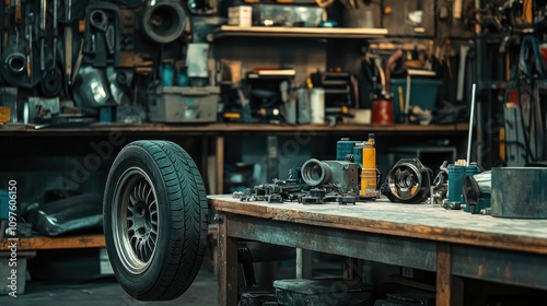 Wallpaper Mural A garage scene showing a car tire, brake parts, and engine components on a workbench, ready for repair or replacement. Torontodigital.ca