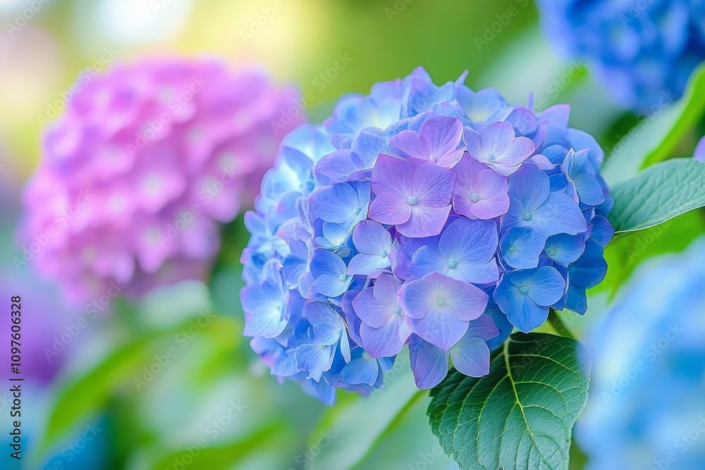 Colorful Hydrangea Pathway in Full Bloom Blue Purple Flowers Colorful Hydrangea Pathway in Full Bloom Blue Purple Flowers
