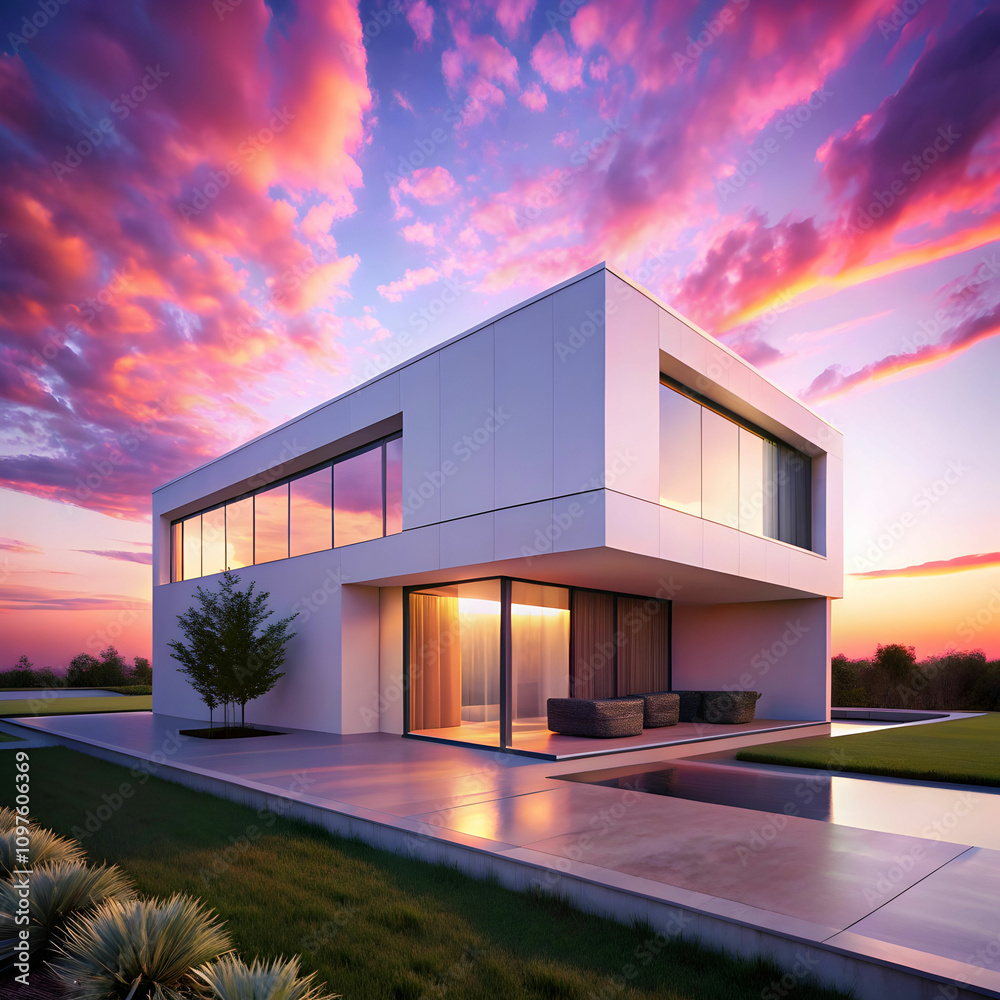 Modern Building in Pink Sunset Glow