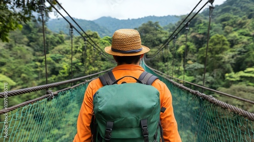 Traveler on a suspension bridge surrounded by lush green mountains.