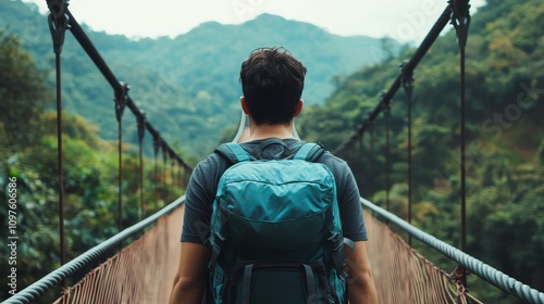Traveler walking on a suspension bridge surrounded by lush green mountains.