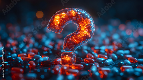  translucent, glowing question mark surrounded by red and blue capsules in a dimly lit scene, symbolizing medical uncertainty, pharmaceutical challenges, or health dilemmas.