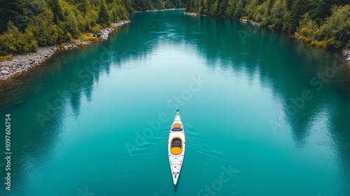 A kayak gliding through serene turquoise waters surrounded by lush green trees.