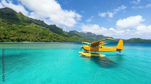 Yellow seaplane on turquoise water surrounded by lush green mountains.