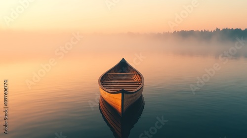 A serene boat floating on misty waters during sunrise, peaceful and tranquil scenery.