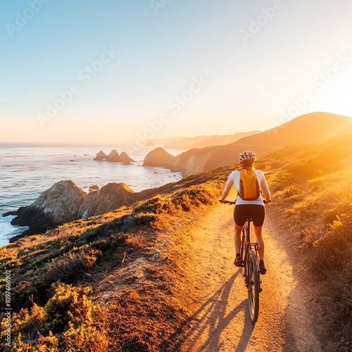 Biker riding on a path along the ocean during sunset