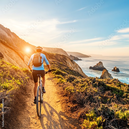 Biker riding on coastal trail at sunset, scenic view, nature embrace.