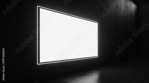 A bright, white neon billboard mounted on a sleek, dark black wall