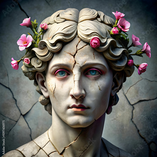 Cracked Greek Sculpture with Blooming Flowers photo